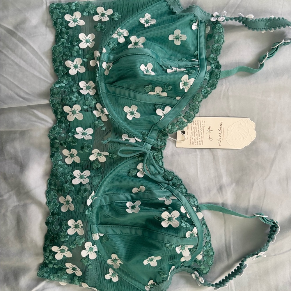 For Love And Lemons Teal Floral Lace Bra